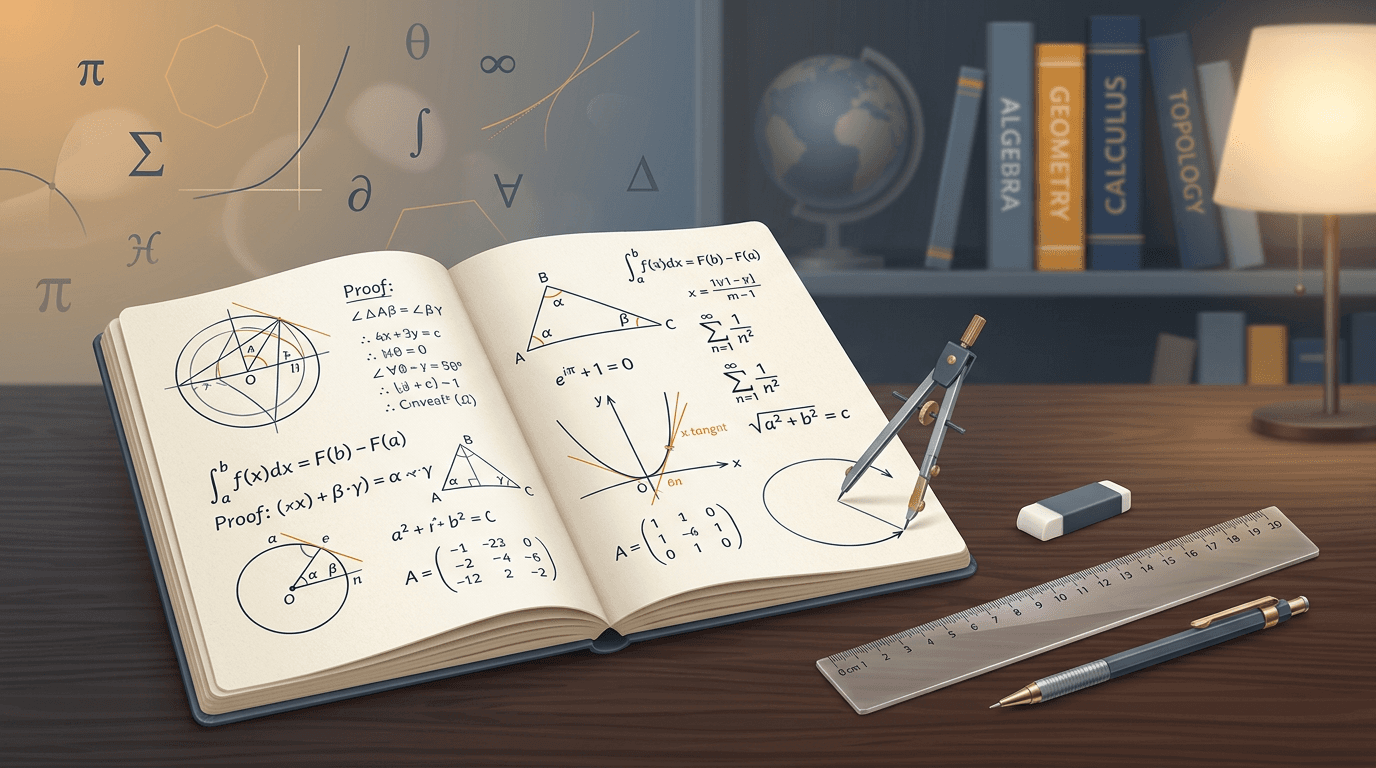 Academic mathematics artwork with notebook, compass, and geometry tools