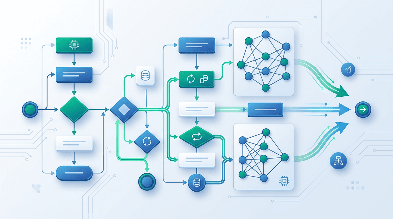 Algorithm artwork with branching flowchart nodes