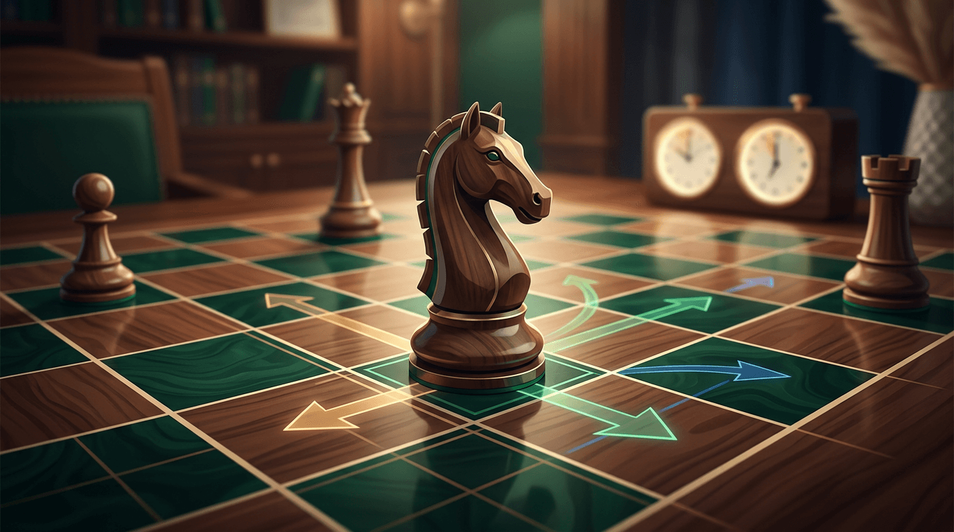 Chess artwork with a dramatic knight and subtle board pattern