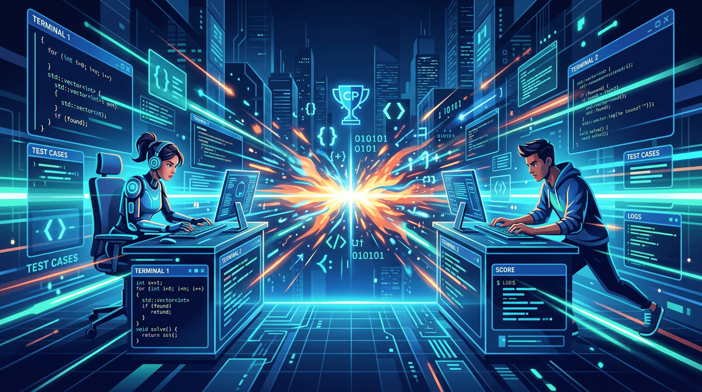 Competitive coding artwork with terminal panels and code brackets