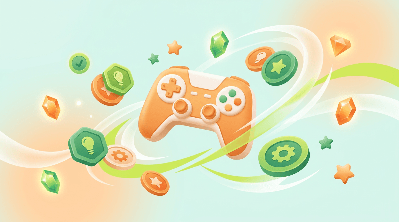 Educational games artwork with playful tokens and a controller
