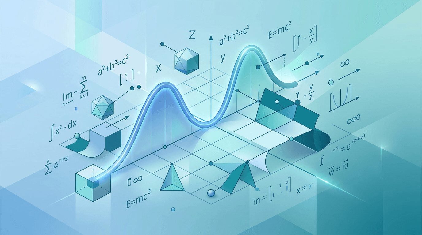 Abstract mathematics artwork with formulas and graph lines