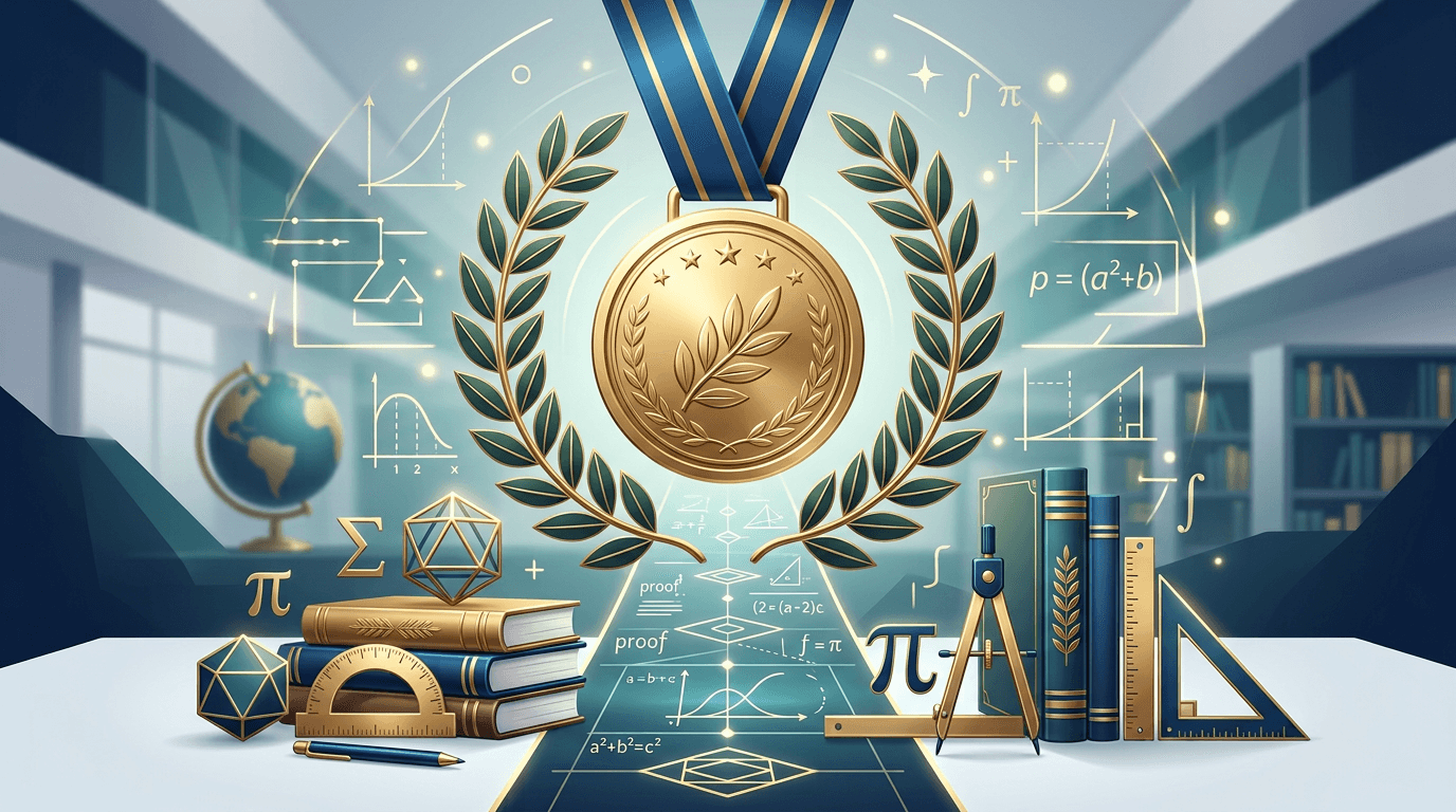 Olympiad artwork with a medal and academic geometry symbols