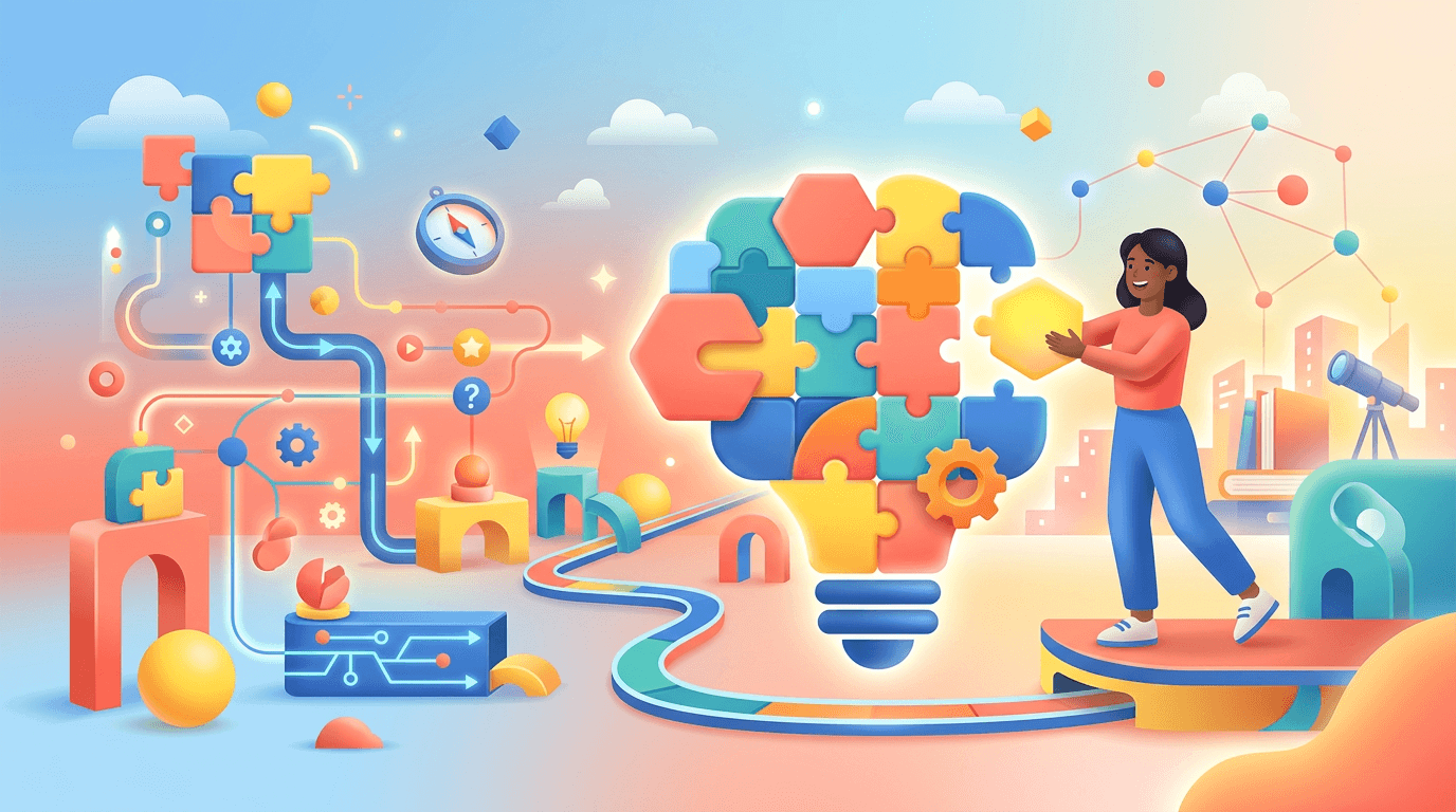 Puzzle artwork with interlocking pieces and geometric shapes