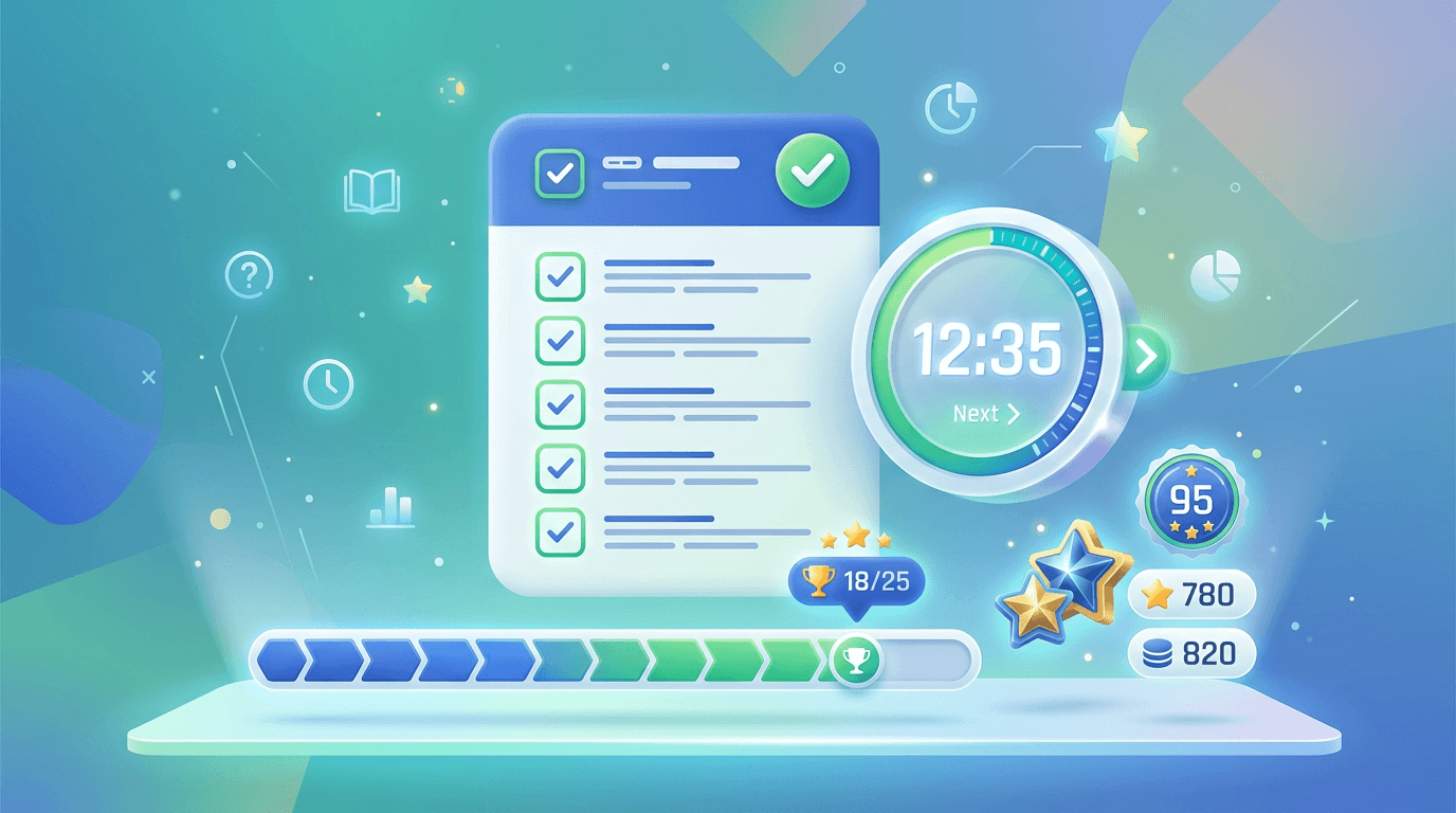 Quiz artwork with checklist card and timer